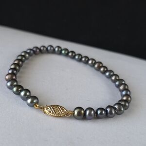 14K Gold Tahitian Black Pearl Bracelet Peacock Color 7.25" Yellow Gold Clasp